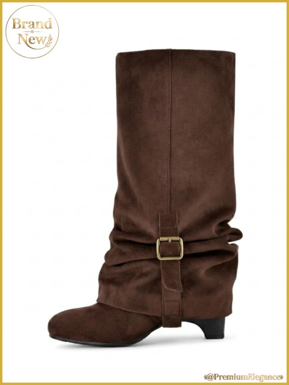 Faux Suede Knee High Boots Slouchy Fold Down Buckle Kitten Heel